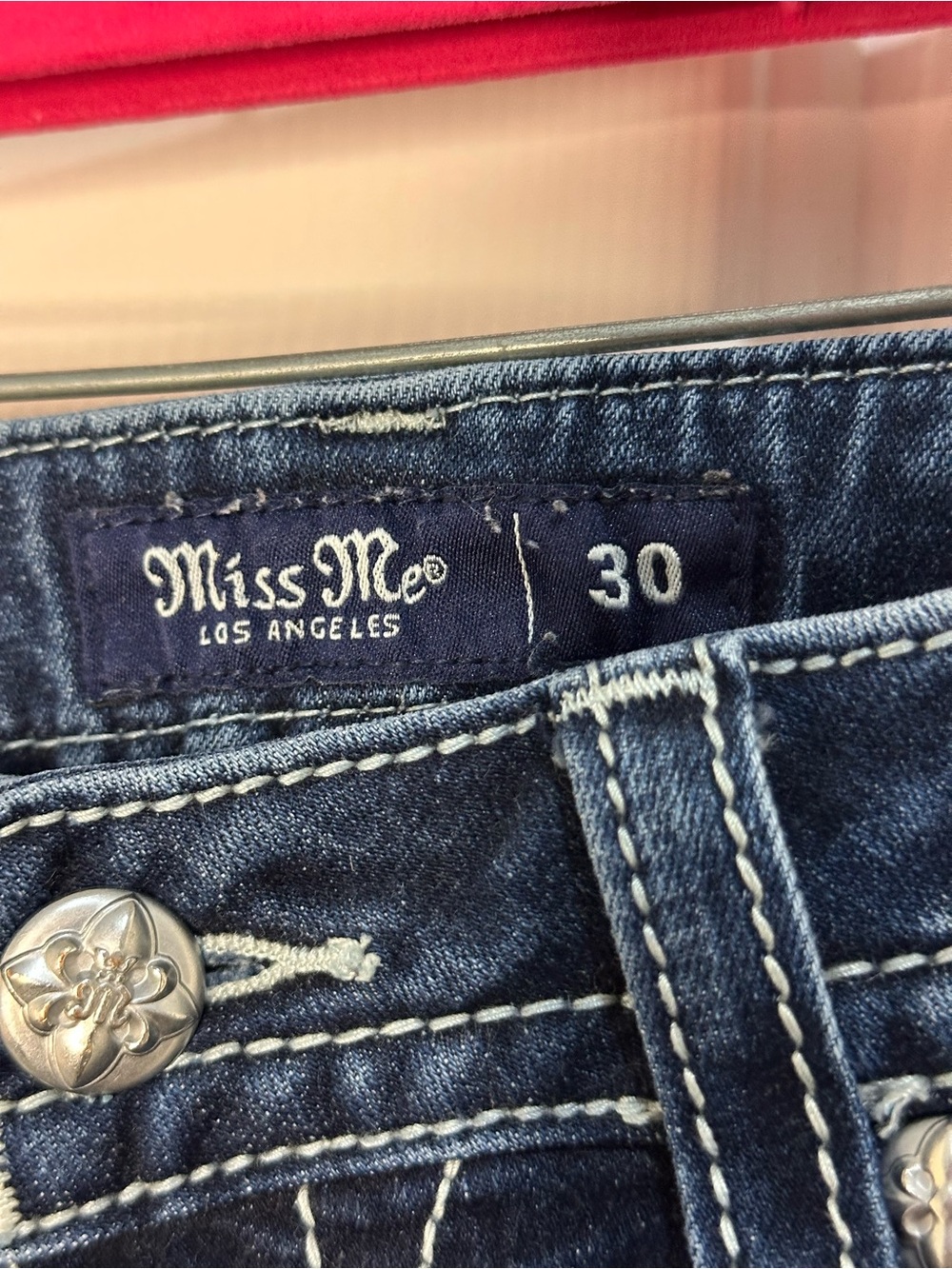 RARE Miss Me Dark Wash Gold Saint Fleur De Lis Mid Rise Bootcut Jeans Sz 30 - Picture 12 of 13